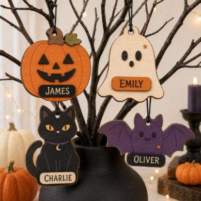 Picture of Personalized Halloween Ornament, Custom Name Wooden Pumpkin Ghost Black Cat Bat Ornament, Kids Spooky Gift, Halloween Tree Decor Wooden