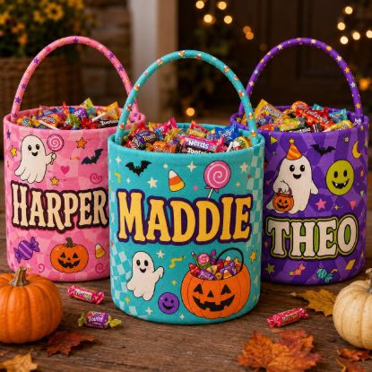 Picture of Personalized Halloween Basket, Custom Name Trick or Treat Bag, Kids Candy Bucket, Cute Ghost Pumpkin Boo Basket, Halloween Gift for Kids