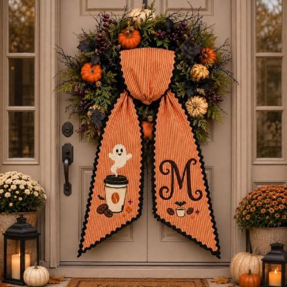 Picture of Personalized Halloween Coffee Shop Wreath Sash, Ghost Coffee Cup Door Bow, Custom Monogram Wreath Ribbon, Embroidered Fall Front Door Decor