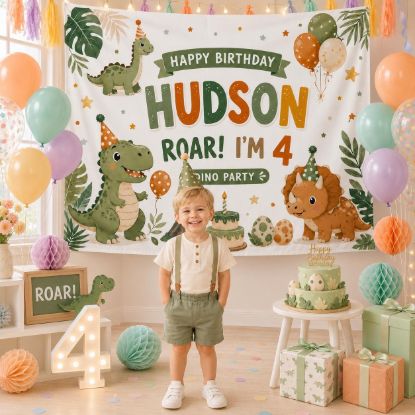 Picture of Personalized Dinosaur Birthday Backdrop, Custom Name Dino Party Tapestry Banner, Roar Birthday Decor, Kids Photo Booth Backdrop