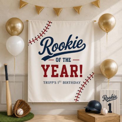 Picture of Rookie of the Year 1st Birthday Banner, Baseball First Birthday Backdrop, Custom Baby Boy Birthday Banner, Sports Theme Party Decor Tapestry
