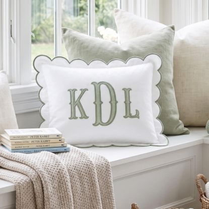 Picture of Custom Monogram Pillow, Personalized Scalloped Pillow, Embroidered Initial Cushion, Nursery Decor, Baby Shower Gift, Kids Room Pillow