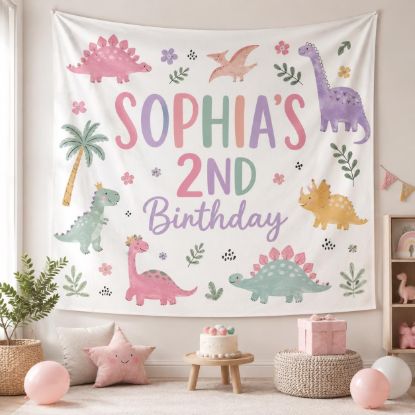 Picture of Personalized Dinosaur Birthday Tapestry, Girl Dinosaur Party Banner, Custom 2nd Birthday Backdrop, Pastel Dino Birthday Decor Girl