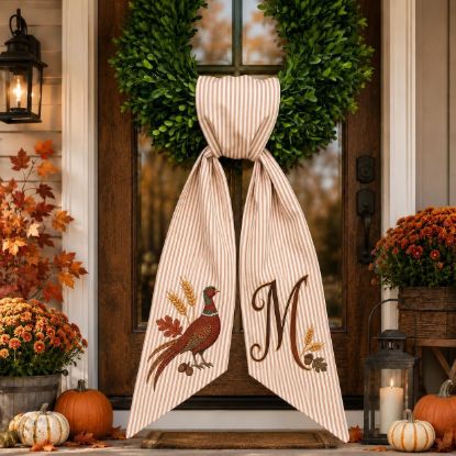 Picture of Personalized Pheasant Wreath Bow, Embroidered Fall Door Bow, Custom Initial Autumn Wreath Sash, Thanksgiving Front Door Decor Farmhouse