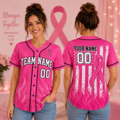 Picture of Personalized Breast Cancer Awareness Baseball Jersey, Custom Pink Ribbon Button Up Shirt, Team Spirit Jersey, Custom Name Survivor Gift