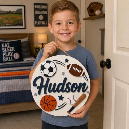 Picture of Personalized Sports Name Sign, Custom Kids Room Door Hanger, Soccer Baseball Football Basketball Wall Decor, Boys Bedroom Gift, Round Sign