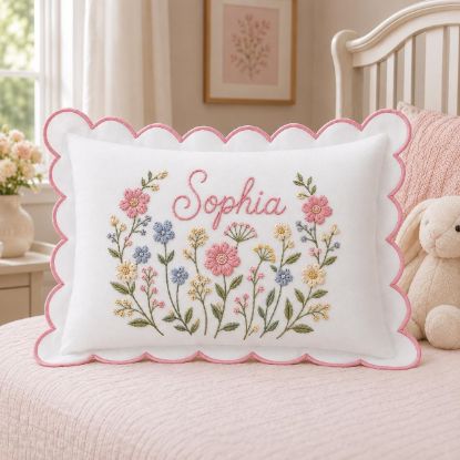 Picture of Personalized Wildflower Name Pillow, Custom Scalloped Floral Cushion, Cottagecore Throw Pillow, Nursery Decor, Baby Girl Keepsake Gift