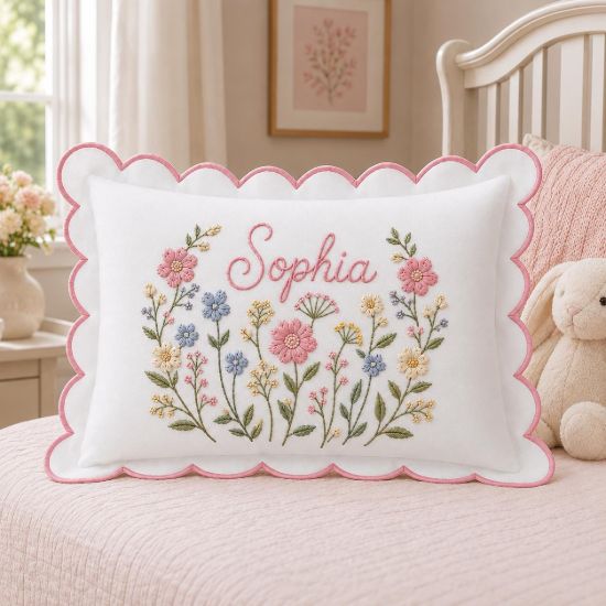 Picture of Personalized Wildflower Name Pillow, Custom Scalloped Floral Cushion, Cottagecore Throw Pillow, Nursery Decor, Baby Girl Keepsake Gift