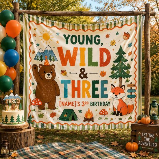Picture of Young Wild and Three Birthday Backdrop, Personalized Woodland Party Banner, Custom Name 3rd Birthday Tapestry, Forest Birthday Decor