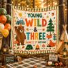 Picture of Young Wild and Three Birthday Backdrop, Personalized Woodland Party Banner, Custom Name 3rd Birthday Tapestry, Forest Birthday Decor