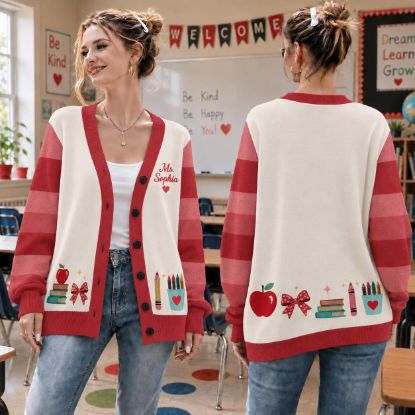 Picture of Personalized Teacher PRINTED Cardigan Shirt, Custom Teacher Name Knit Cardigan, Back to School Teacher Gift, Cute Classroom Teacher Shirt