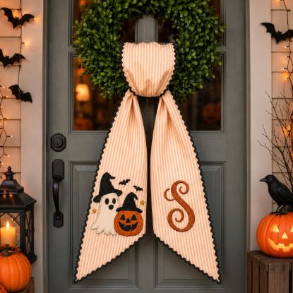 Picture of Personalized Halloween Wreath Sash Bow, Custom Ghost Pumpkin Door, Monogram Front Door Wreath, Spooky Fall Porch Decor, Halloween Wreath