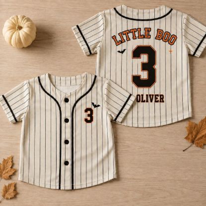 Picture of Personalized Kids Halloween Baseball Jersey, Custom Name Number Shirt, Little Boo Baseball Jersey, Toddler Halloween Shirt, Fall Sports Gift