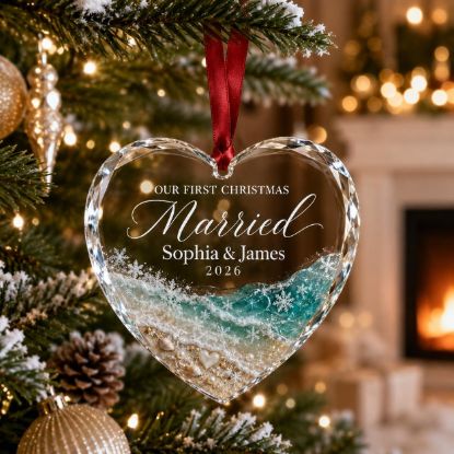 Picture of First Christmas Married Glass Heart Ornament, Personalized Beach Wedding Ornament, Custom Couple Christmas Keepsake, Coastal Wedding 2026