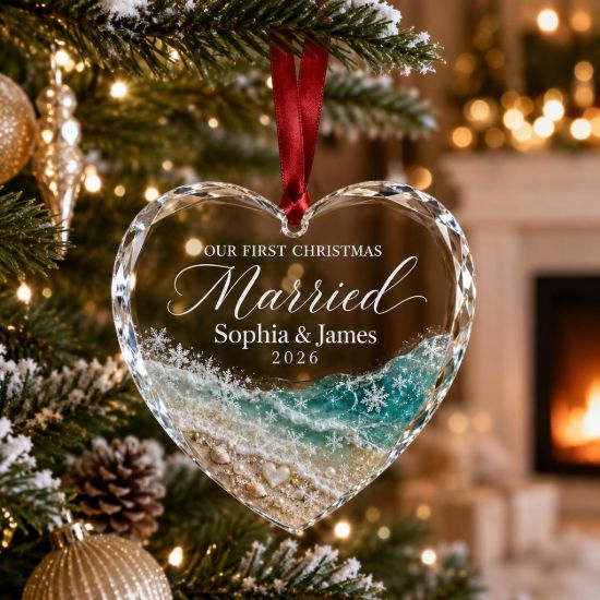Picture of First Christmas Married Glass Heart Ornament, Personalized Beach Wedding Ornament, Custom Couple Christmas Keepsake, Coastal Wedding 2026