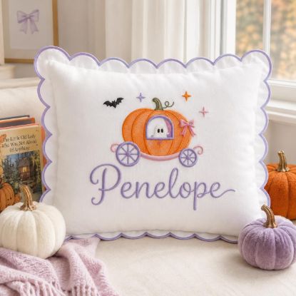 Picture of Personalized Halloween Ghost Pillow, Custom Embroidered Pumpkin Carriage Pillow, Cute Spooky Kids Decor, Boo Basket Gift, Name Cushion