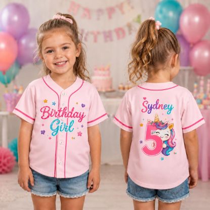 Picture of Personalized Birthday Girl Baseball Jersey, Custom Unicorn Birthday Shirt, Girls 5th Birthday Outfit, Pink Party Jersey, Name Age Shirt