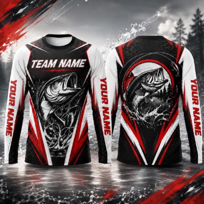 Picture of Personalized Fishing Jersey Shirt, Custom Dad Bass Fishing Team Name Performance Long Sleeve, Red Black Fishing Team Tournament Shirt