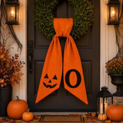 Picture of Personalized Halloween Wreath Sash, Pumpkin Face Monogram Door Bow, Orange Halloween Wreath Decor, Spooky Front Door Decoration Halloween