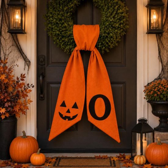 Picture of Personalized Halloween Wreath Sash, Pumpkin Face Monogram Door Bow, Orange Halloween Wreath Decor, Spooky Front Door Decoration Halloween