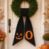 Picture of Personalized Halloween Wreath Sash, Pumpkin Face Monogram Door Bow, Orange Halloween Wreath Decor, Spooky Front Door Decoration Halloween