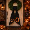 Picture of Personalized Halloween Wreath Sash, Pumpkin Face Monogram Door Bow, Orange Halloween Wreath Decor, Spooky Front Door Decoration Halloween