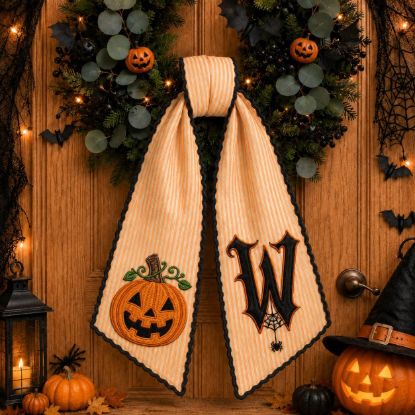 Picture of Halloween Embroidered Wreath Sash Bow, Personalized Monogram Door Wreath Sash, Pumpkin Embroidery,Custom Halloween Decor Sash Wreath Pumpkin