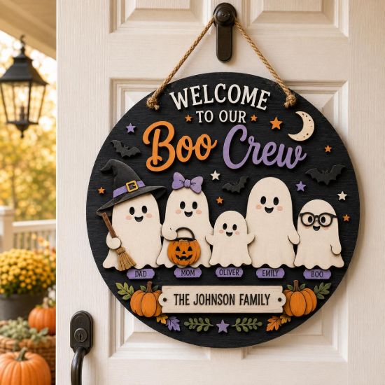 Picture of Personalized Boo Crew Halloween Door Hanger, Custom Ghost Family Wooden Sign, Welcome Halloween Door Sign, Spooky Family Porch Decor