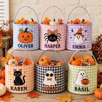 Picture of Personalized Halloween Basket, Custom Name Trick or Treat Bag, Gingham Candy Bucket for Kids, Ghost Pumpkin Halloween Gift, Boo Basket