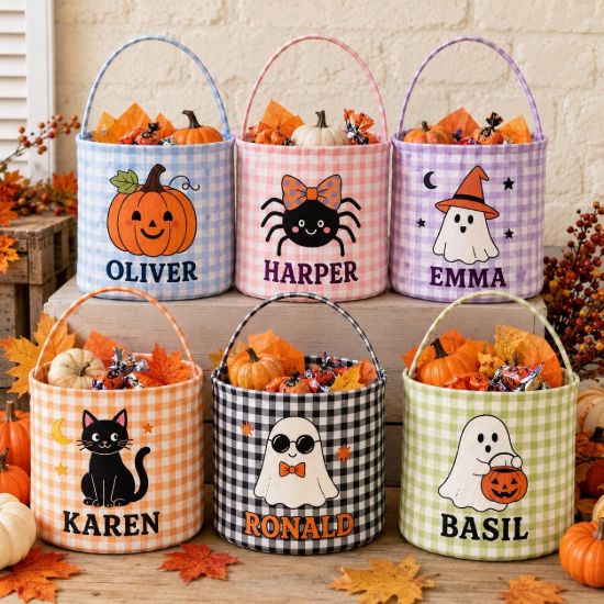Picture of Personalized Halloween Basket, Custom Name Trick or Treat Bag, Gingham Candy Bucket for Kids, Ghost Pumpkin Halloween Gift, Boo Basket
