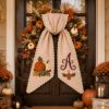 Picture of Personalized Fall Wreath Sash, Pumpkin Monogram Door Bow, Embroidered Autumn Wreath Bow, Thanksgiving Front Door Decor Halloween