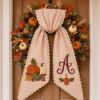 Picture of Personalized Fall Wreath Sash, Pumpkin Monogram Door Bow, Embroidered Autumn Wreath Bow, Thanksgiving Front Door Decor Halloween