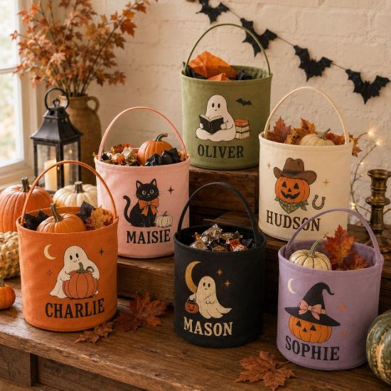 Picture of Personalized Halloween Basket, Custom Name Trick or Treat Bag, Kids Halloween Candy Bucket, Ghost Pumpkin Basket, Halloween Gift for Kids