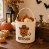 Picture of Personalized Halloween Basket, Custom Name Trick or Treat Bag, Kids Halloween Candy Bucket, Ghost Pumpkin Basket, Halloween Gift for Kids