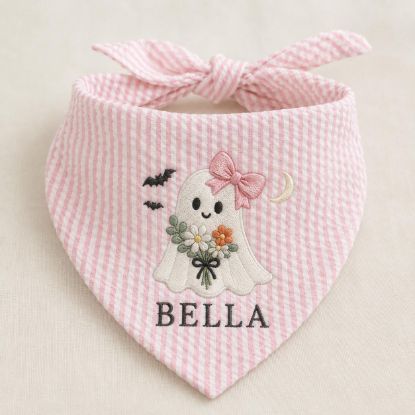 Picture of Personalized Halloween Dog Bandana, Embroidered Girl Ghost Pet Scarf, Custom Pet Name Bandana, Floral Spooky Puppy Gift for Fall Parties Fun