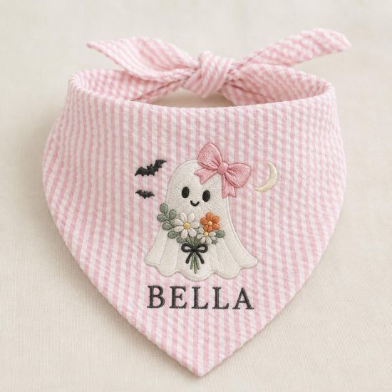 Picture of Personalized Halloween Dog Bandana, Embroidered Girl Ghost Pet Scarf, Custom Pet Name Bandana, Floral Spooky Puppy Gift for Fall Parties Fun