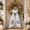 Picture of Personalized Pumpkin Wreath Sash Bow, Blue Stripe Fall Door Bow, Custom Monogram Autumn Wreath, Farmhouse Front Door Decor, Thanksgiving Bow