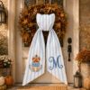 Picture of Personalized Pumpkin Wreath Sash Bow, Blue Stripe Fall Door Bow, Custom Monogram Autumn Wreath, Farmhouse Front Door Decor, Thanksgiving Bow