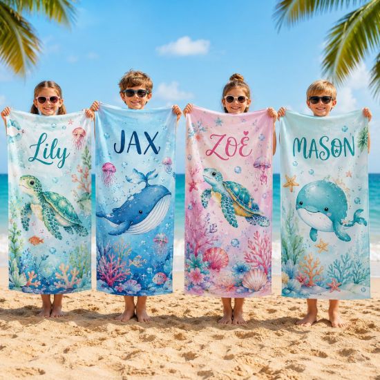 Picture of Personalized Kids Beach Towel, Custom Ocean Animal Towel, Turtle Whale Summer Towel, Cute Beach Blanket for Boys Girls, Sea Marine Towel
