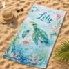 Picture of Personalized Kids Beach Towel, Custom Ocean Animal Towel, Turtle Whale Summer Towel, Cute Beach Blanket for Boys Girls, Sea Marine Towel