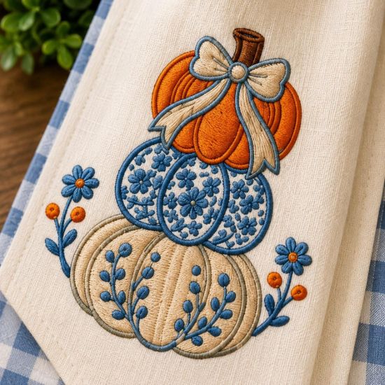 Picture of Pumpkin Embroidery Design, Floral Fall Pumpkin Machine Embroidery File, Blue Bow Autumn Pumpkin, Pes Dst Exp Jef Vp3 Digital Download