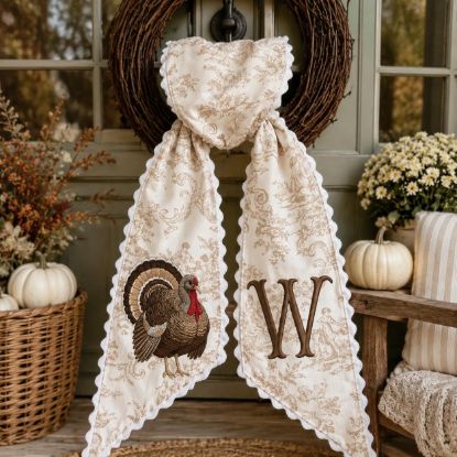 Picture of Personalized Thanksgiving Turkey Wreath Sash, Turkey Monogram Sash, Neutral Toile Fall Wreath Bow, Custom Hostess Gift, Autumn Sash Decor