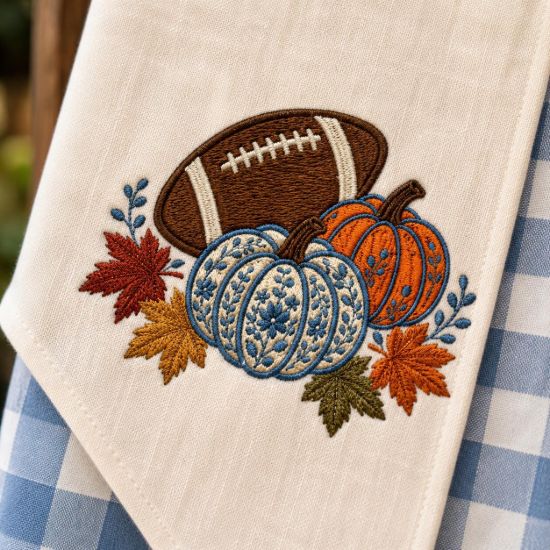 Picture of Football Pumpkin Embroidery Design, Fall Football Machine Embroidery File, Floral Pumpkin Autumn Design, Thanksgiving Digital File Pes Dst