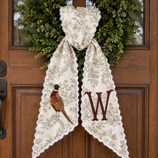 Picture of Personalized Pheasant Wreath Sash, Neutral Toile Monogram Sash, Custom Hunting Fall Wreath Bow, Thanksgiving Hostess Gift, Harvest Decor