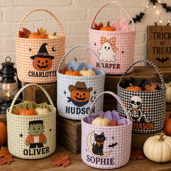 Picture of Personalized Halloween Printed Basket, Custom Trick or Treat Bag, Gingham Candy Bucket Kid, Halloween Boo Basket, Ghost Pumpkin Treat Bag