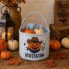 Picture of Personalized Halloween Printed Basket, Custom Trick or Treat Bag, Gingham Candy Bucket Kid, Halloween Boo Basket, Ghost Pumpkin Treat Bag