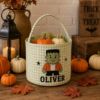 Picture of Personalized Halloween Printed Basket, Custom Trick or Treat Bag, Gingham Candy Bucket Kid, Halloween Boo Basket, Ghost Pumpkin Treat Bag
