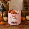 Picture of Personalized Halloween Printed Basket, Custom Trick or Treat Bag, Gingham Candy Bucket Kid, Halloween Boo Basket, Ghost Pumpkin Treat Bag