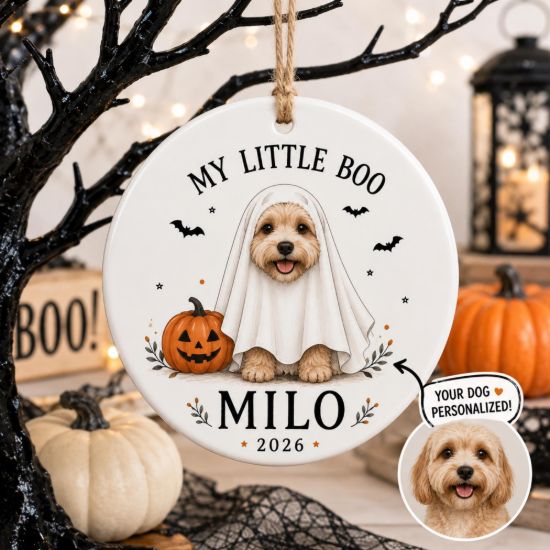 Picture of Personalized Dog Halloween Ceramic Ornament, Custom Pet Portrait, My Little Boo Ghost Dog, Pet Lover Gift, Spooky Season Keepsake Decor 2026