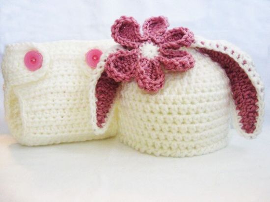 Picture of CROCHET PATTERN - Bunny Ear Beanie & Diaper Cover - rabbit hat photo prop Easter sizes newborn to 6 months PDF Pattern